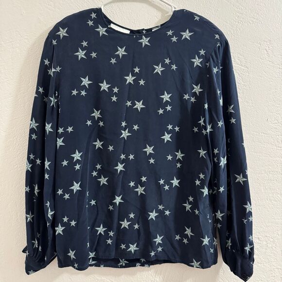 Vintage Liz Claiborne Collection Silk Navy Blue Star Pattern Long Sleeve Button - Picture 1 of 6
